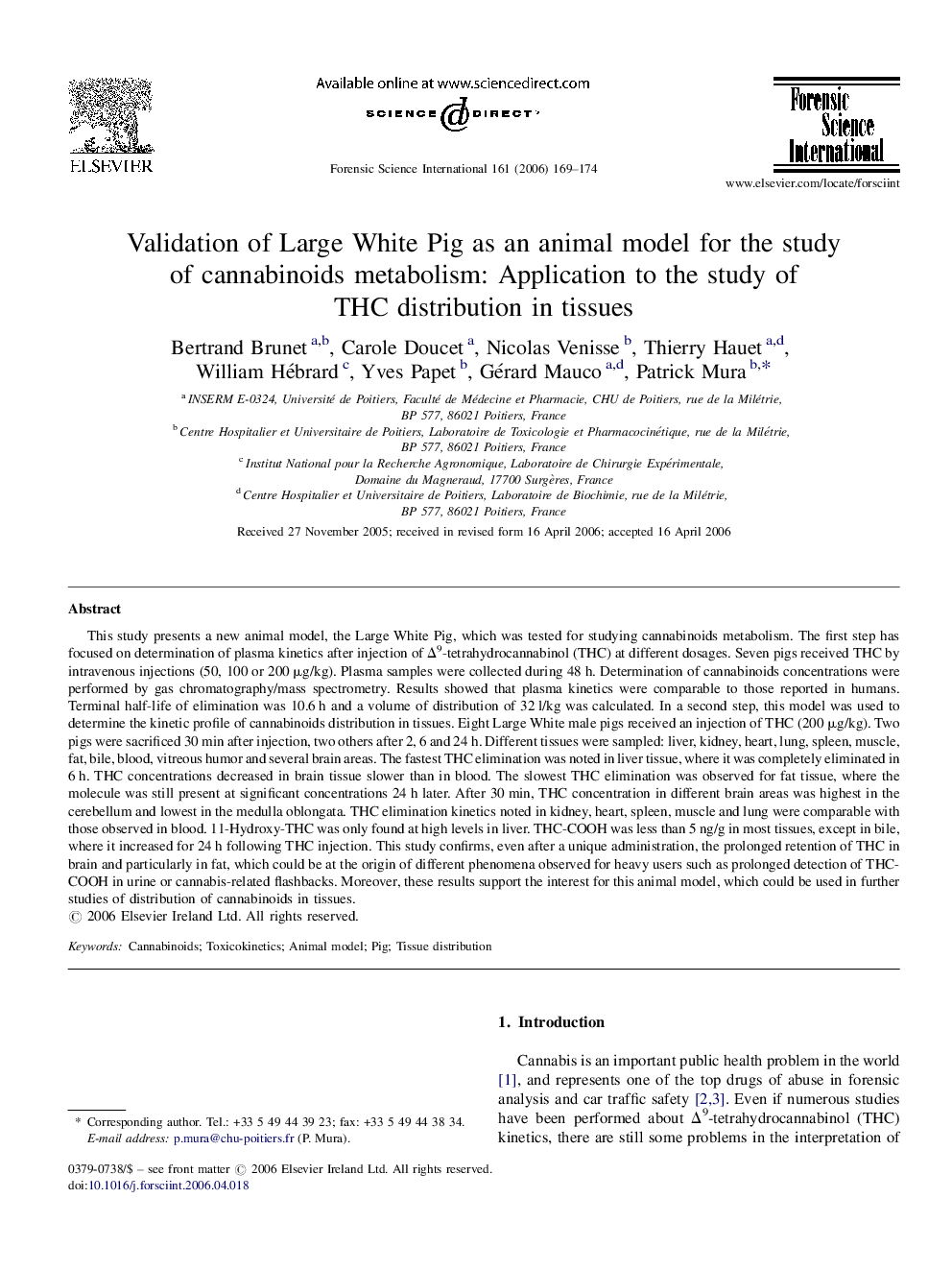 Validation of Large White Pig as an animal model for the study of cannabinoids metabolism: Application to the study of THC distribution in tissues