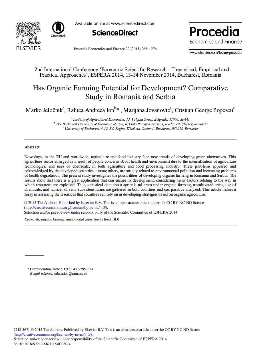 Has Organic Farming Potential for Development? Comparative Study in Romania and Serbia 