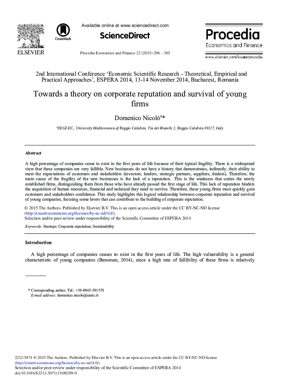 Towards a Theory on Corporate Reputation and Survival of Young Firms 