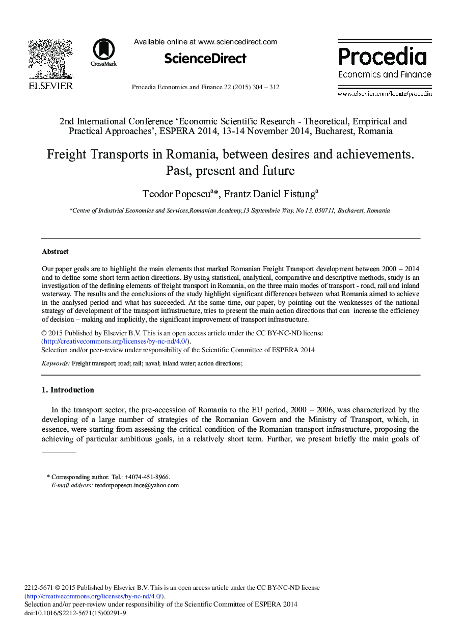 Freight Transports in Romania, between Desires and Achievements. Past, Present and Future 