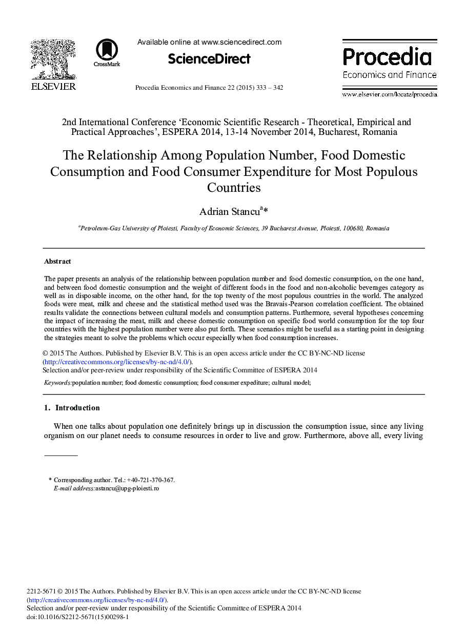 The Relationship among Population Number, Food Domestic Consumption and Food Consumer Expenditure for Most Populous Countries 