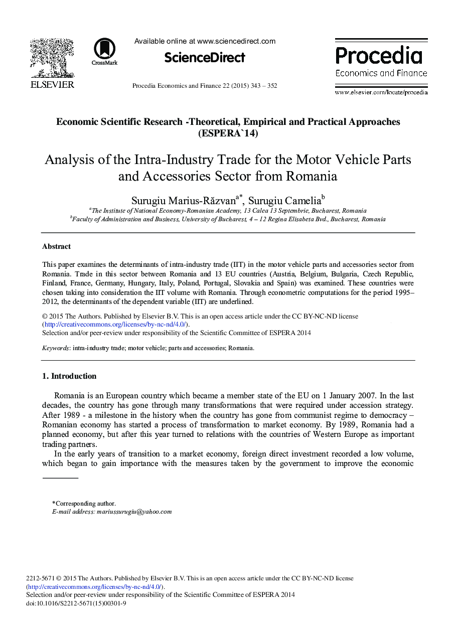 Analysis of the Intra-Industry Trade for the Motor Vehicle Parts and Accessories Sector from Romania 