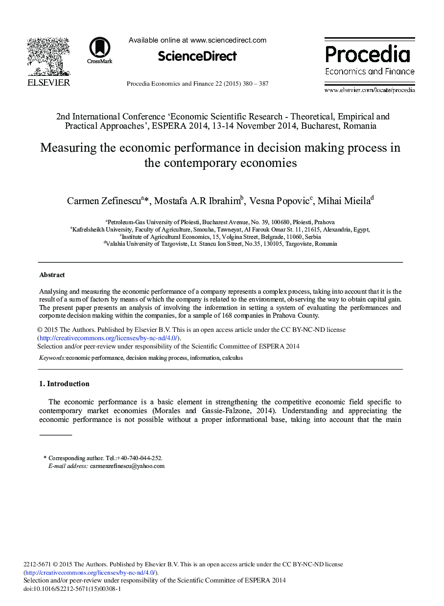 Measuring the Economic Performance in Decision Making Process in the Contemporary Economies 