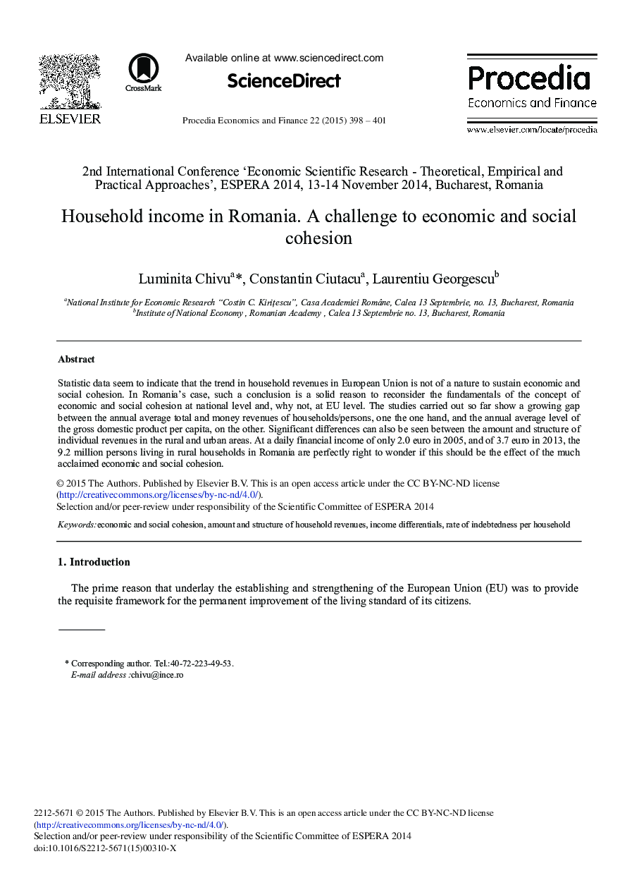 Household Income in Romania. A Challenge to Economic and Social Cohesion 