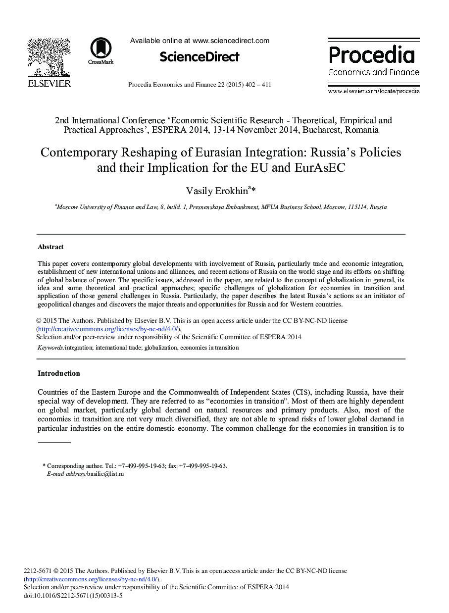 Contemporary Reshaping of Eurasian Integration: Russia's Policies and their Implication for the EU and EurAsEC