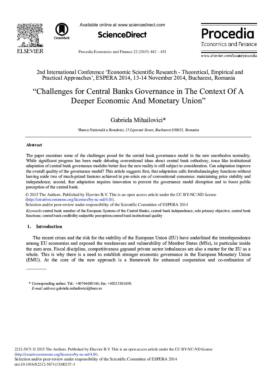 Challenges for Central Banks Governance in the Context of a Deeper Economic and Monetary Union 