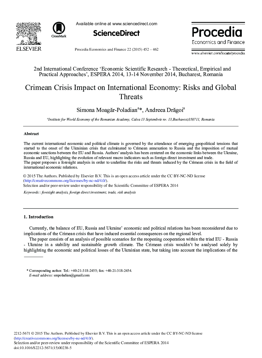 Crimean Crisis Impact on International Economy: Risks and Global Threats 
