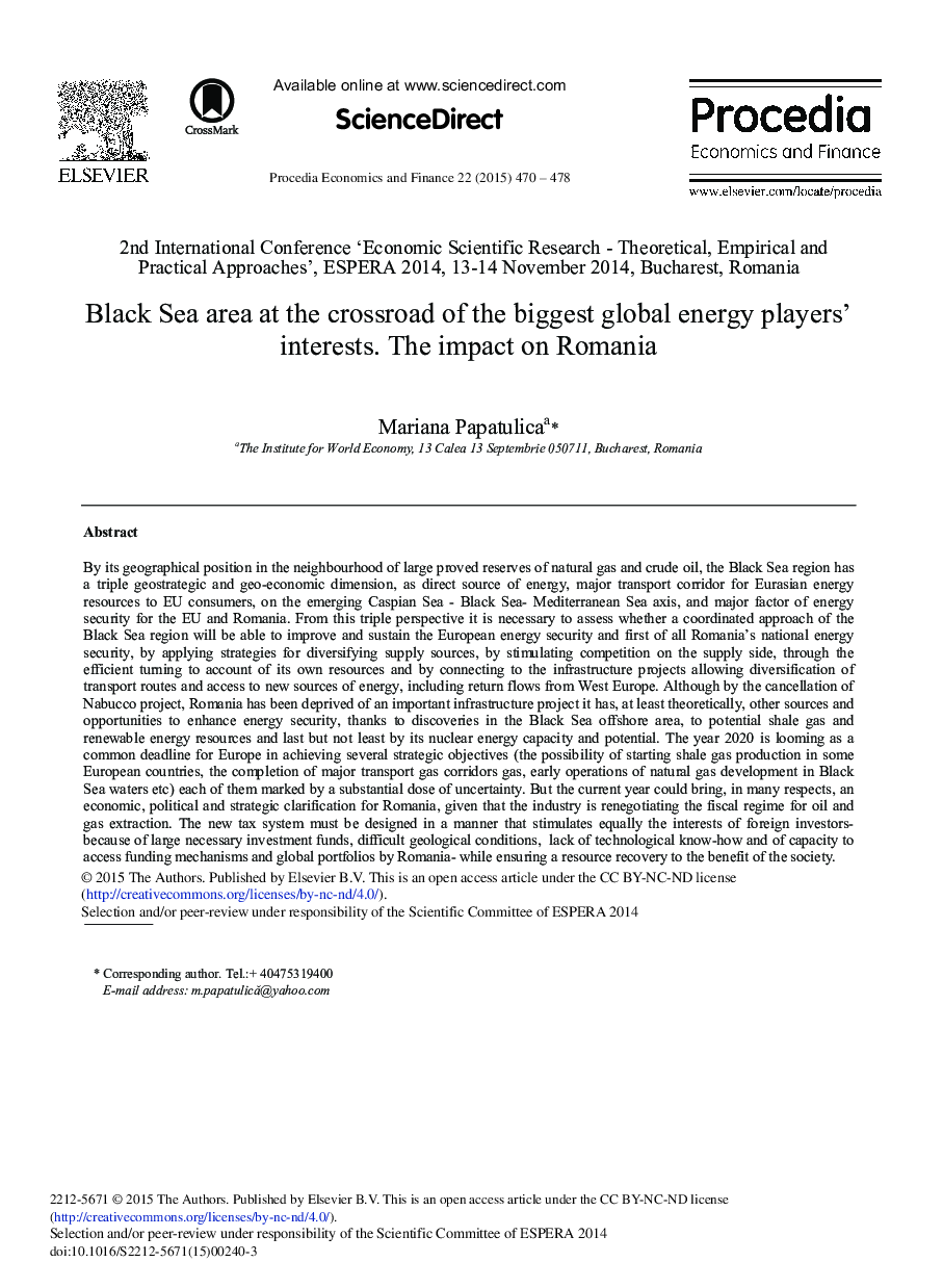 Black Sea Area at the Crossroad of the Biggest Global Energy Players’ Interests. The Impact on Romania 