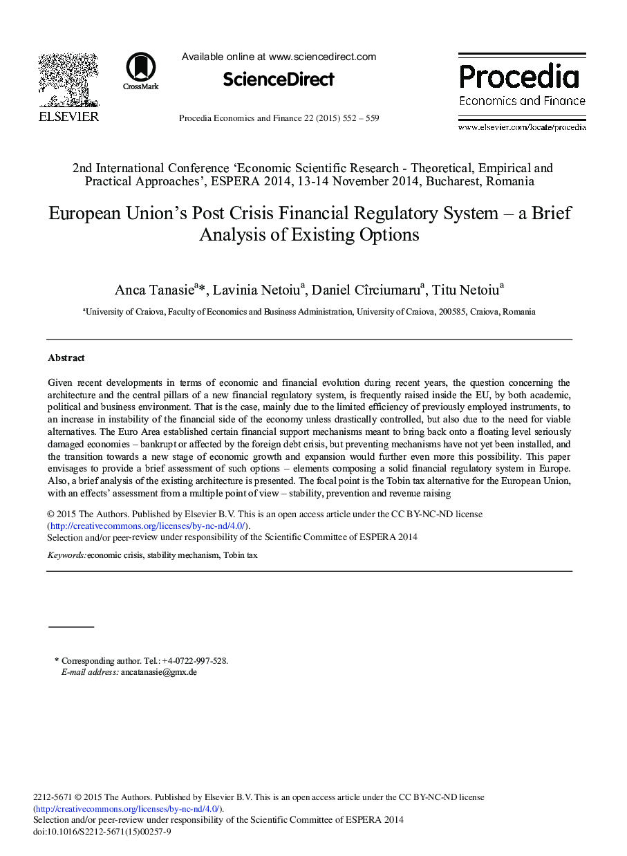 European Union's Post Crisis Financial Regulatory System – A Brief Analysis of Existing Options 