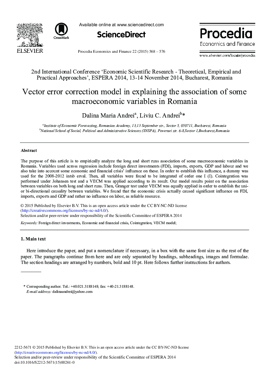 Vector Error Correction Model in Explaining the Association of Some Macroeconomic Variables in Romania 