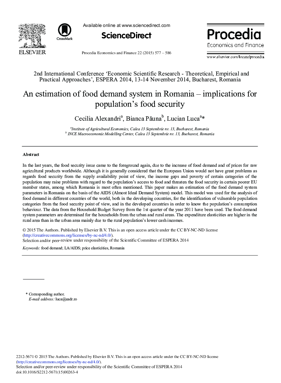 An Estimation of Food Demand System in Romania – Implications for Population's Food Security 