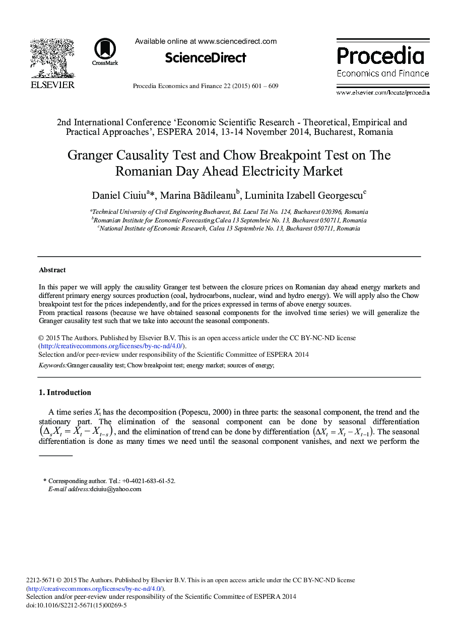 Granger Causality Test and Chow Breakpoint Test on the Romanian Day Ahead Electricity Market 