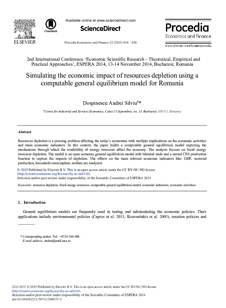 Simulating the Economic Impact of Resources Depletion Using a Computable General Equilibrium Model for Romania 