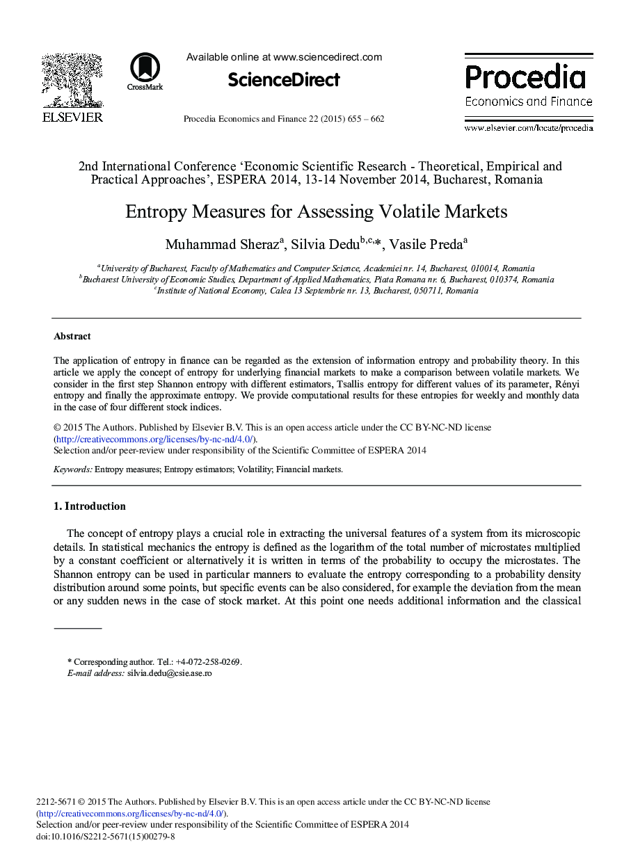 Entropy Measures for Assessing Volatile Markets 