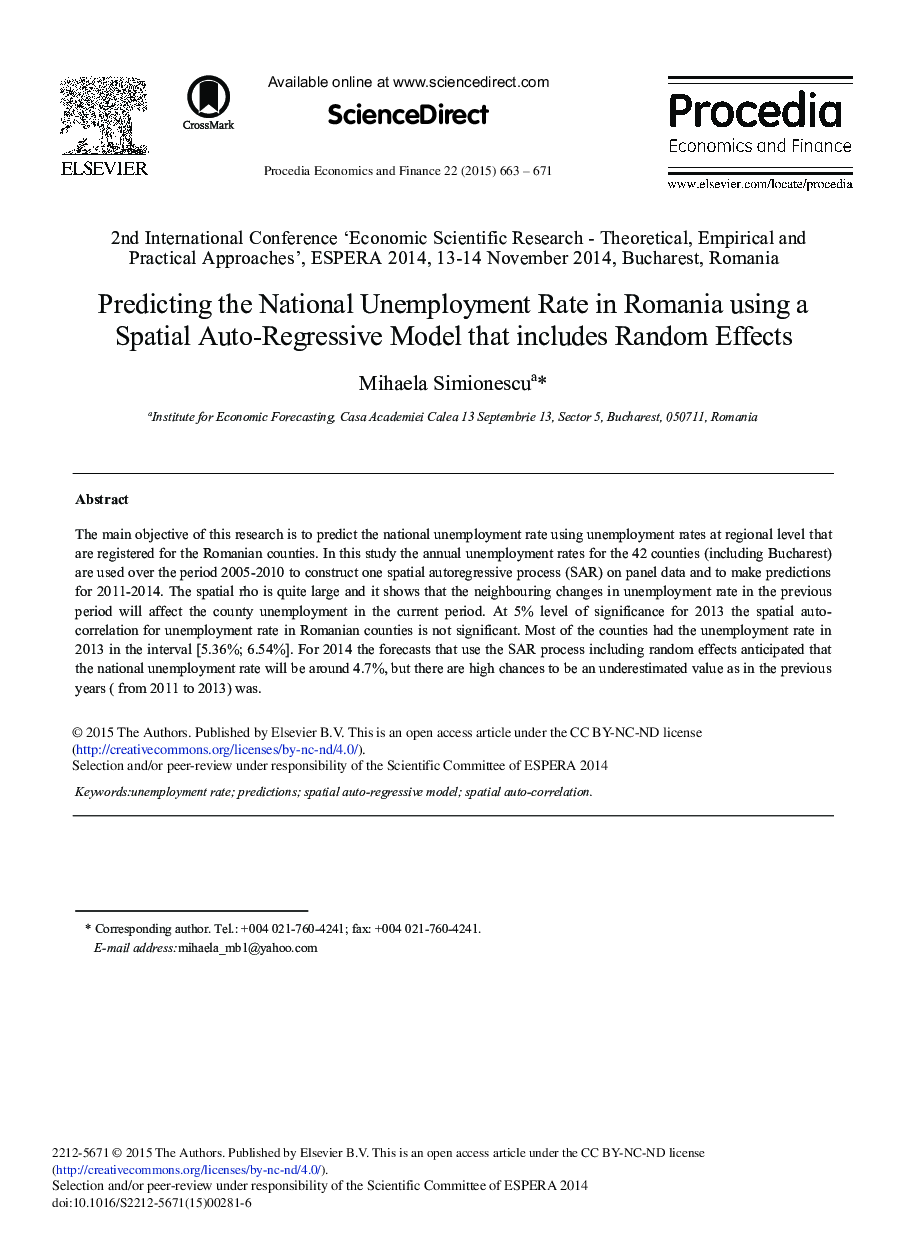 Predicting the National Unemployment Rate in Romania Using a Spatial Auto-regressive Model that Includes Random Effects 