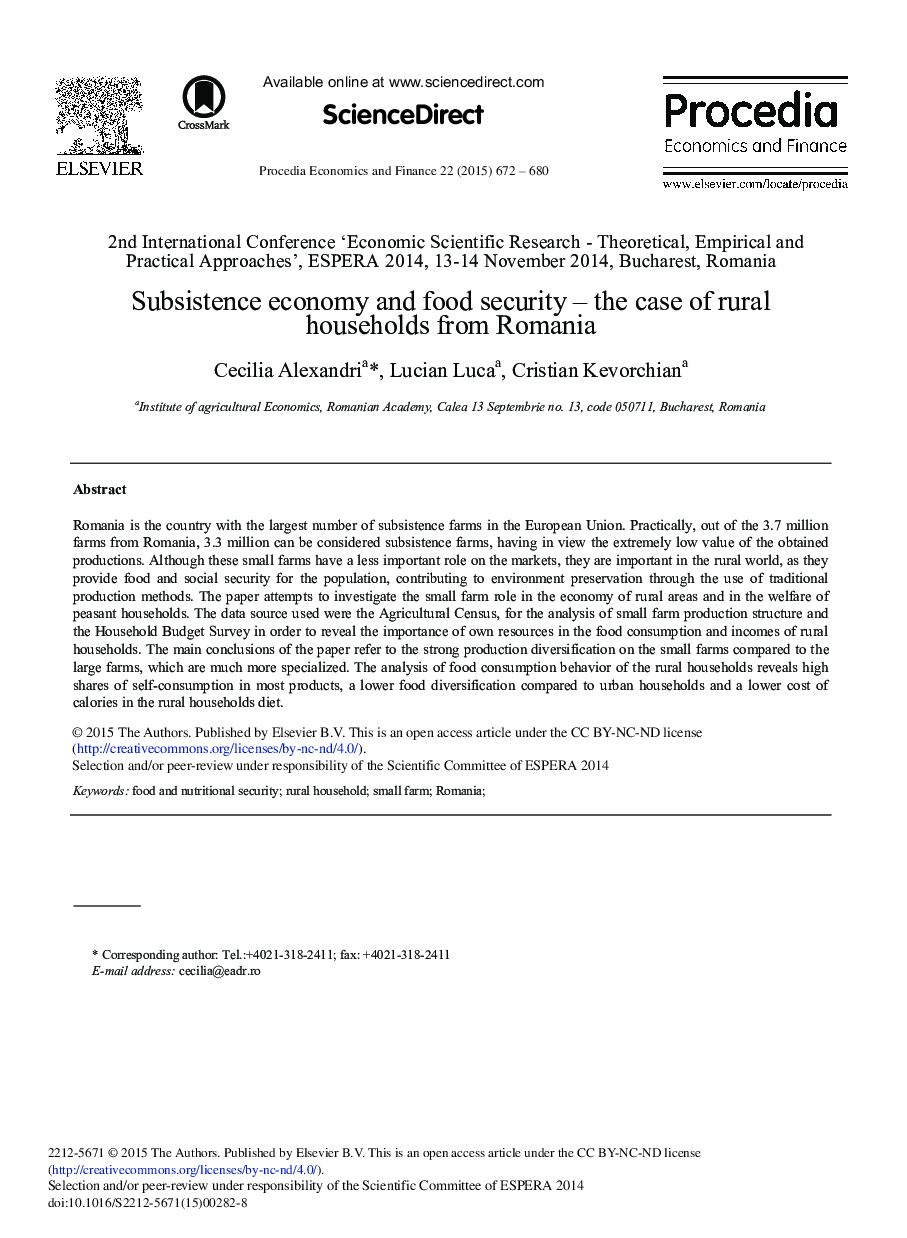 Subsistence Economy and Food Security – The Case of Rural Households from Romania 