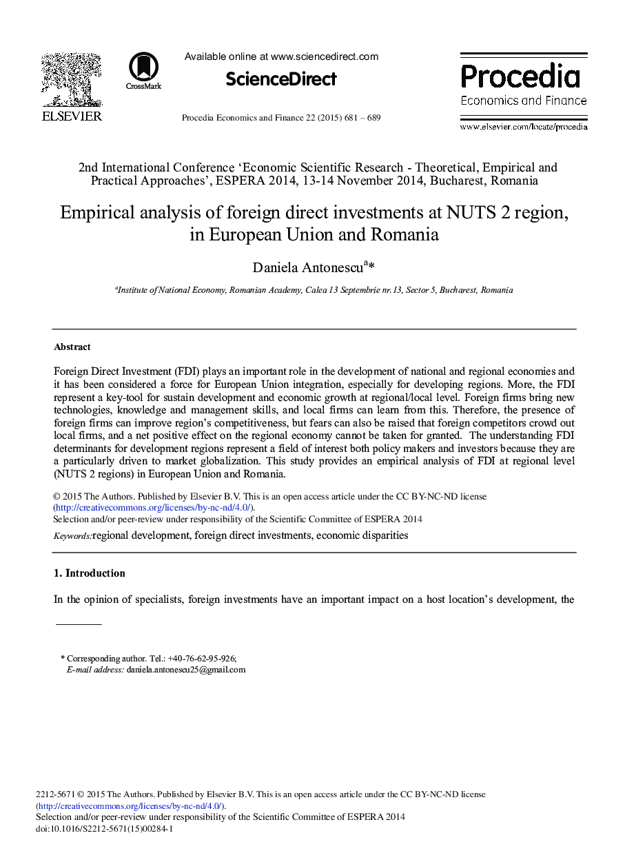 Empirical Analysis of Foreign Direct Investments at NUTS 2 Region, in European Union and Romania 