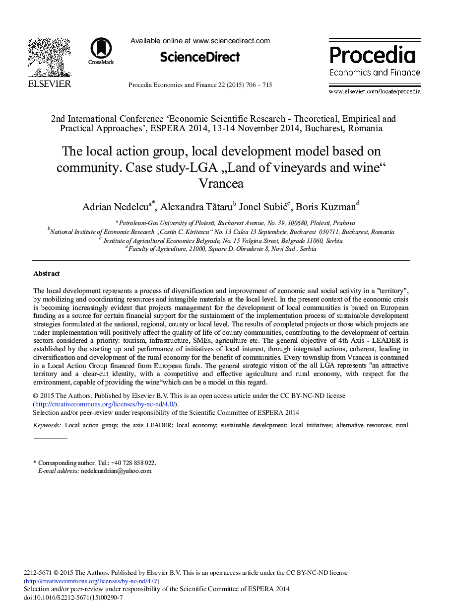 The Local Action Group, Local Sevelopment Model based on Community. Case Study-LGA “Land of Vineyards and Wine” Vrancea 