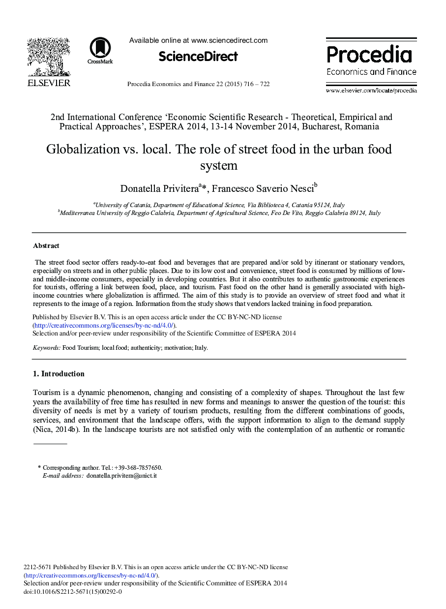Globalization vs. Local. The Role of Street Food in the Urban Food System 