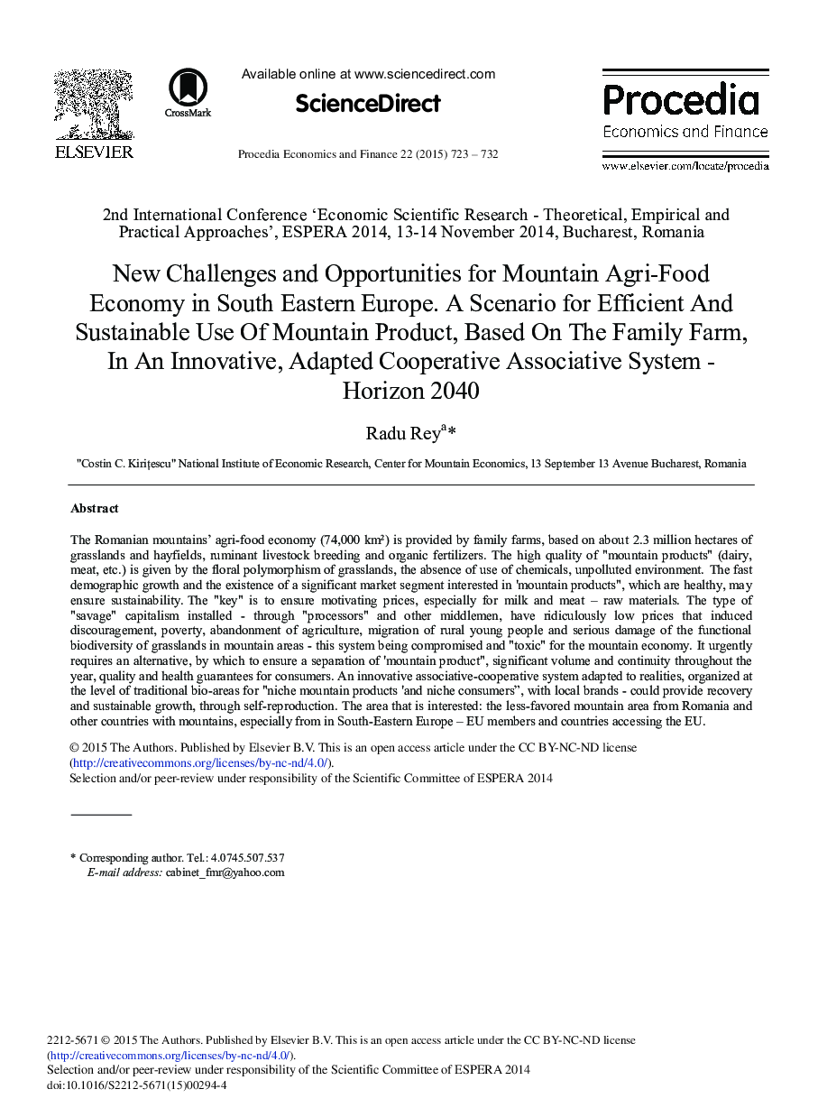 New Challenges and Opportunities for Mountain Agri-Food Economy in South Eastern Europe. A Scenario for Efficient and Sustainable Use of Mountain Product, Based on the Family Farm, in an Innovative, Adapted Cooperative Associative System – Horizon 2040 