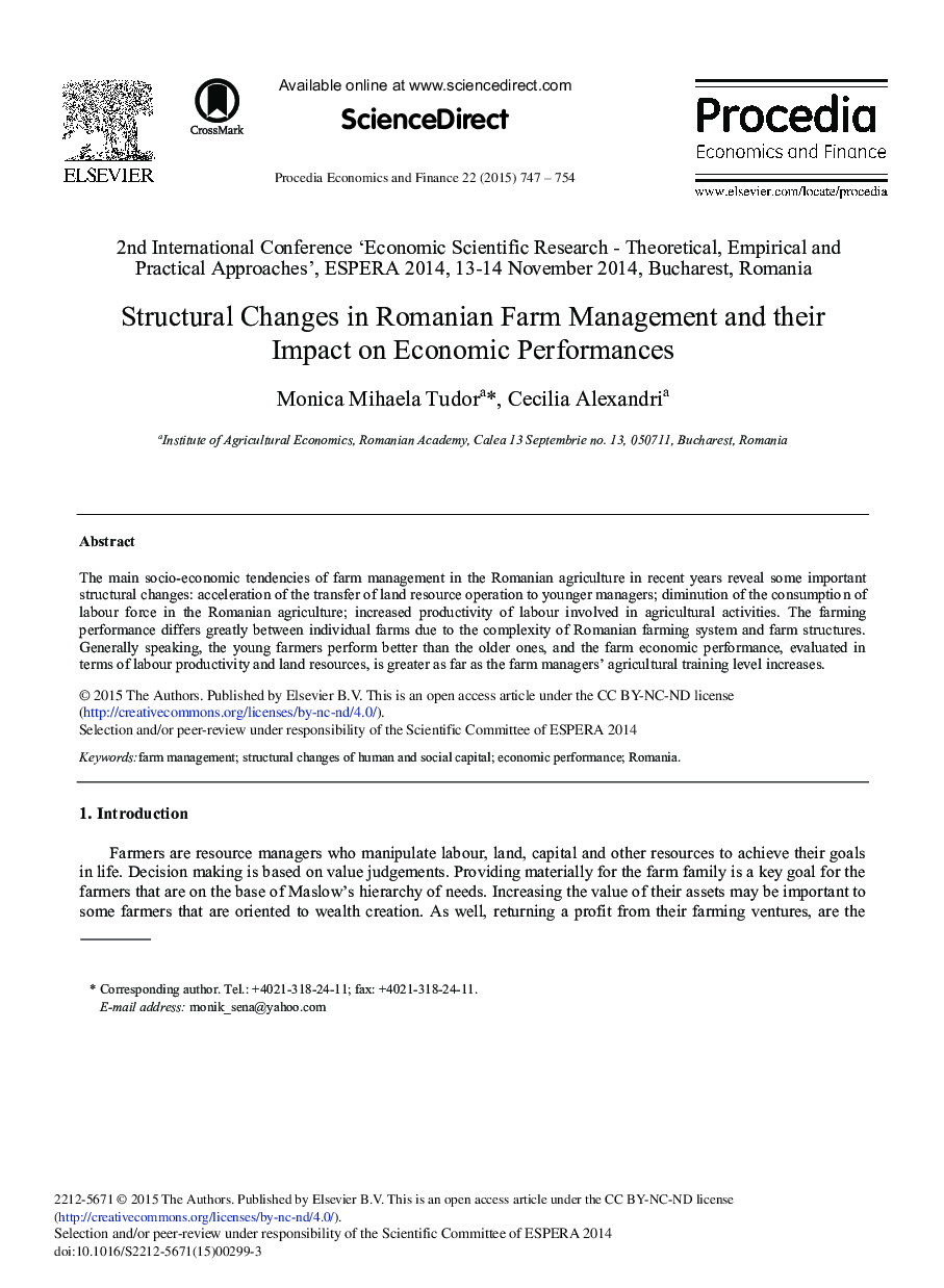 Structural Changes in Romanian Farm Management and their Impact on Economic Performances 