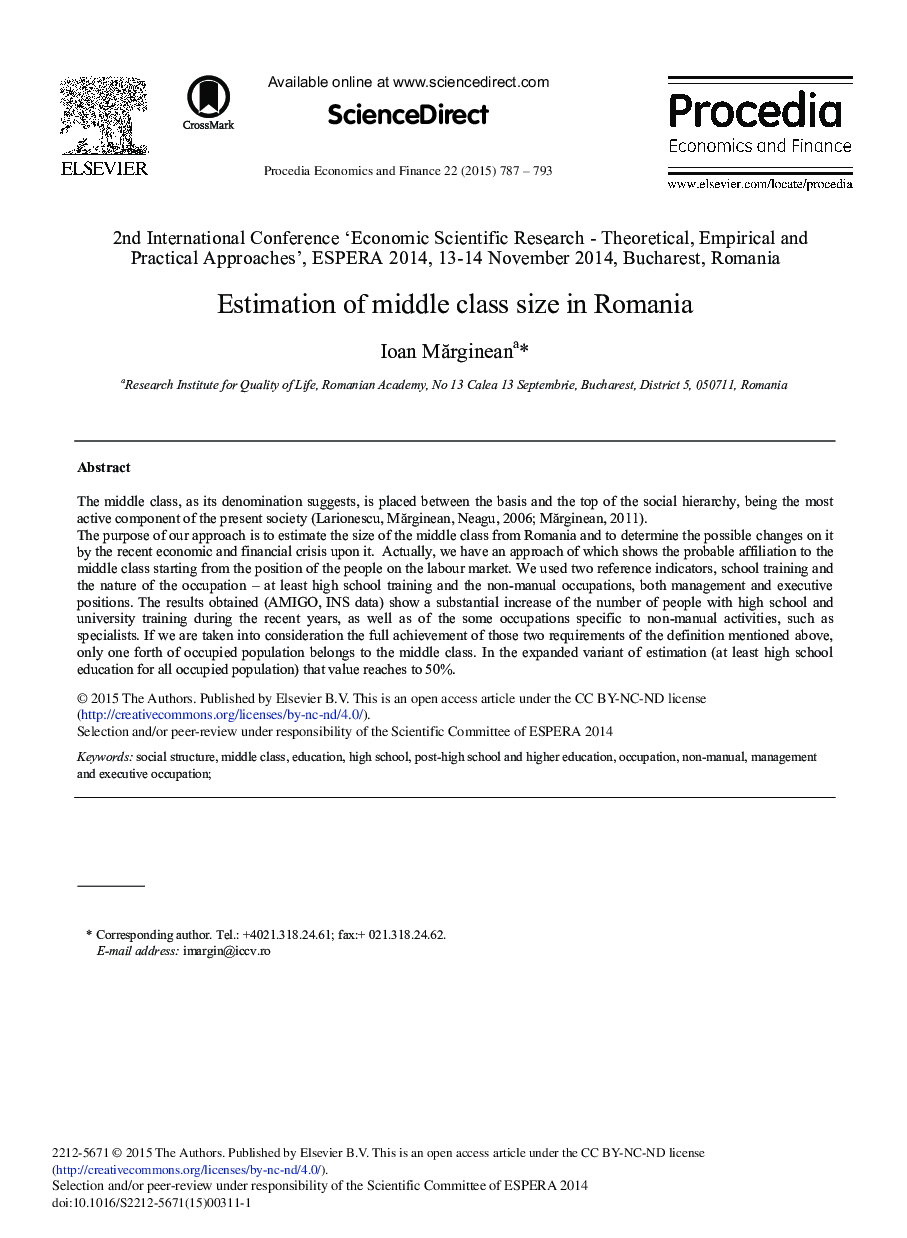 Estimation of Middle Class Size in Romania 