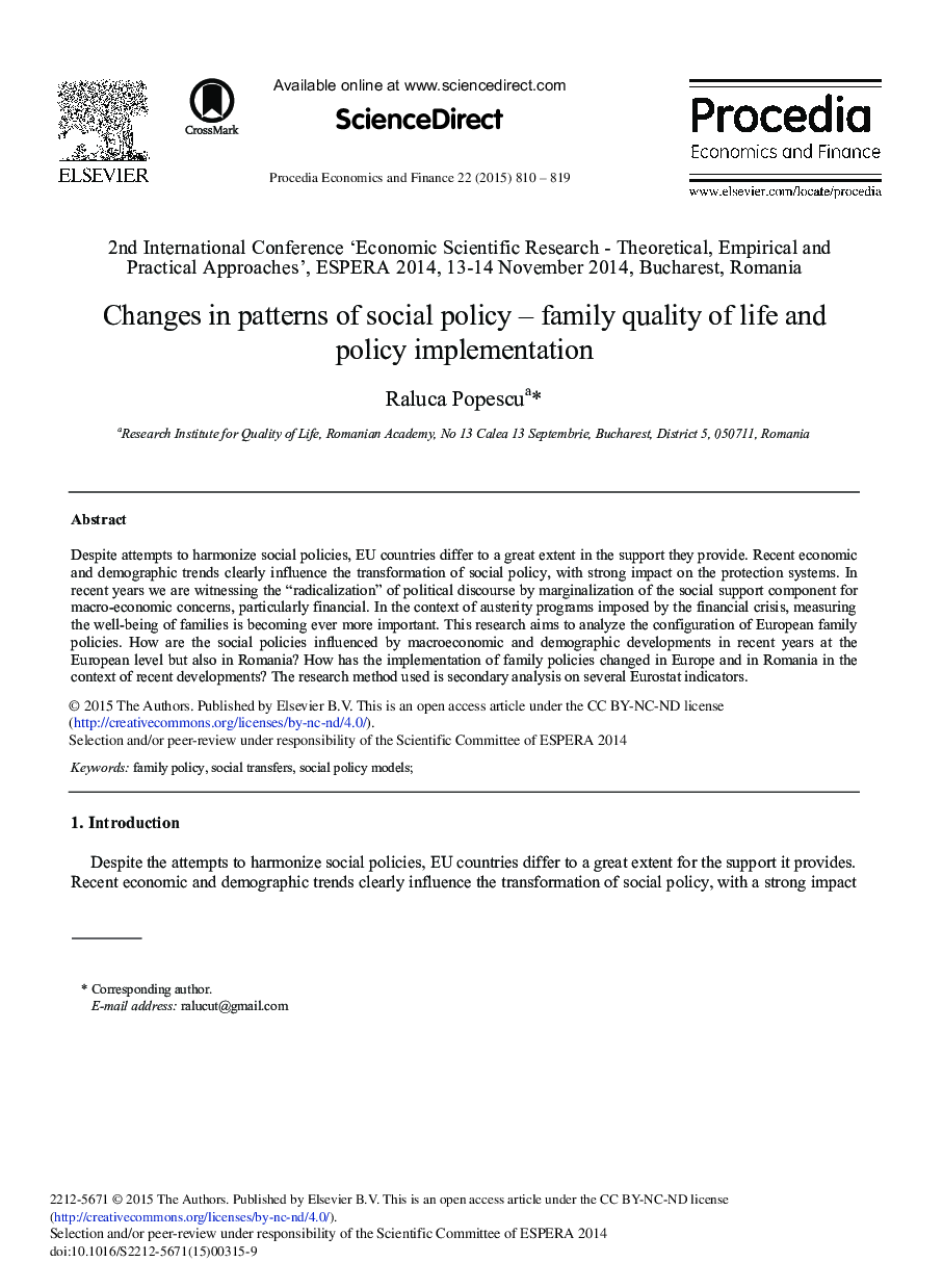 Changes in Patterns of Social Policy – Family Quality of Life and Policy Implementation 