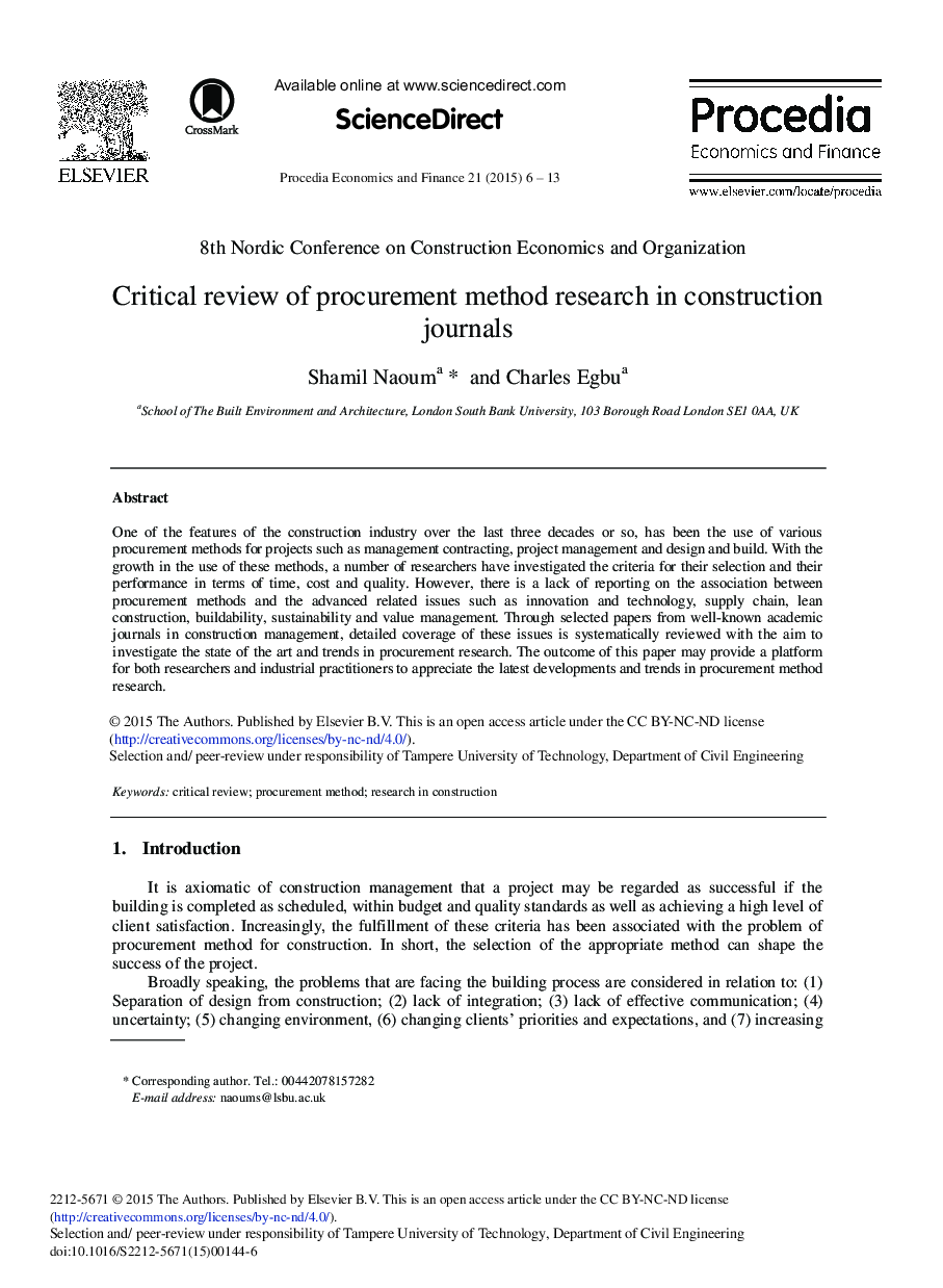 Critical Review of Procurement Method Research in Construction Journals 