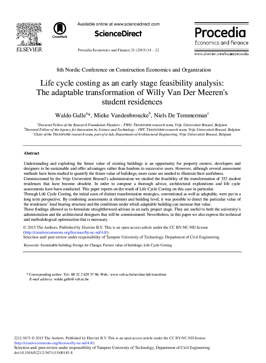Life Cycle Costing as an Early Stage Feasibility Analysis: The Adaptable Transformation of Willy Van Der Meeren's Student Residences 