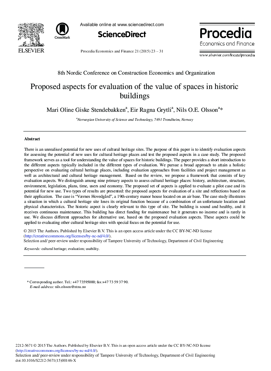 Proposed Aspects for Evaluation of the Value of Spaces in Historic Buildings 