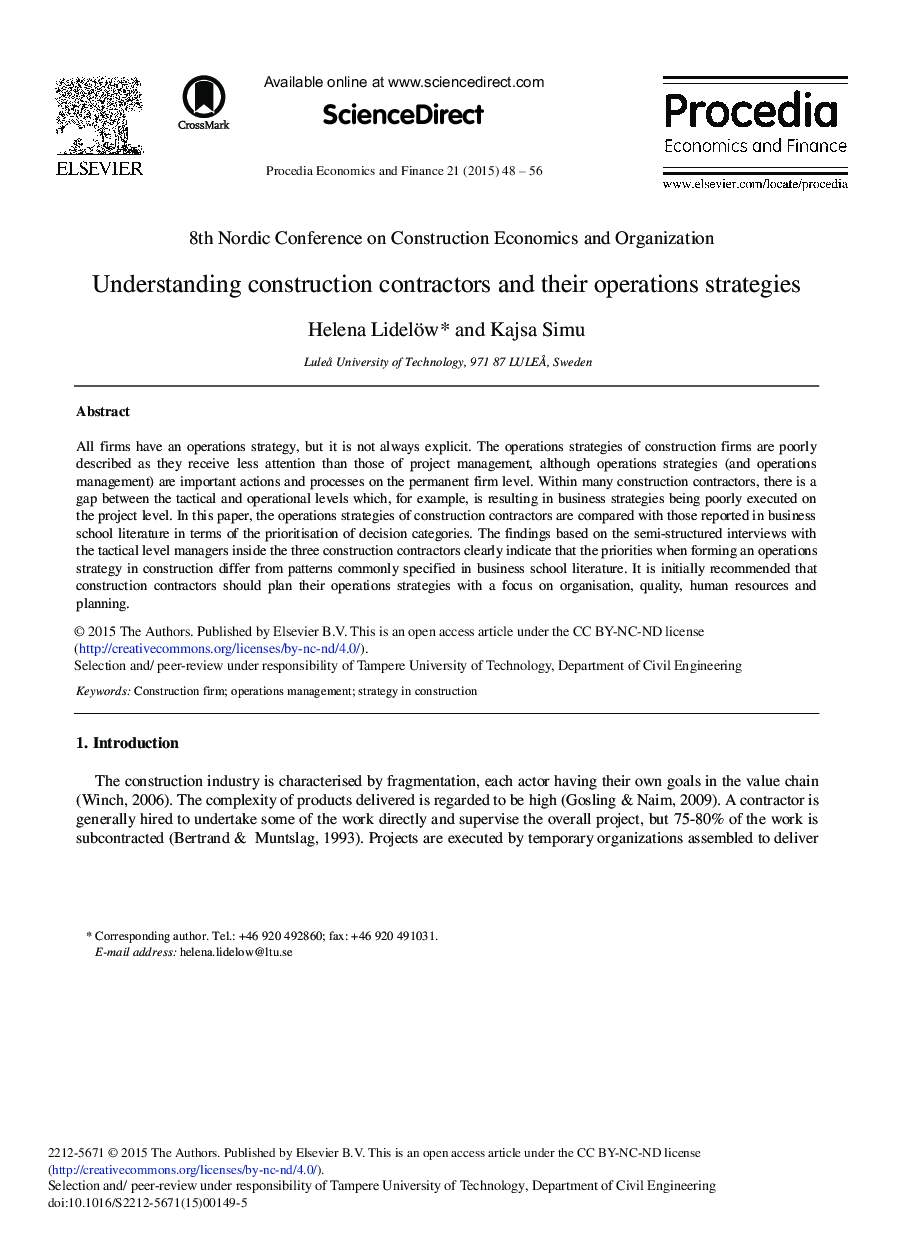 Understanding Construction Contractors and their Operations Strategies 