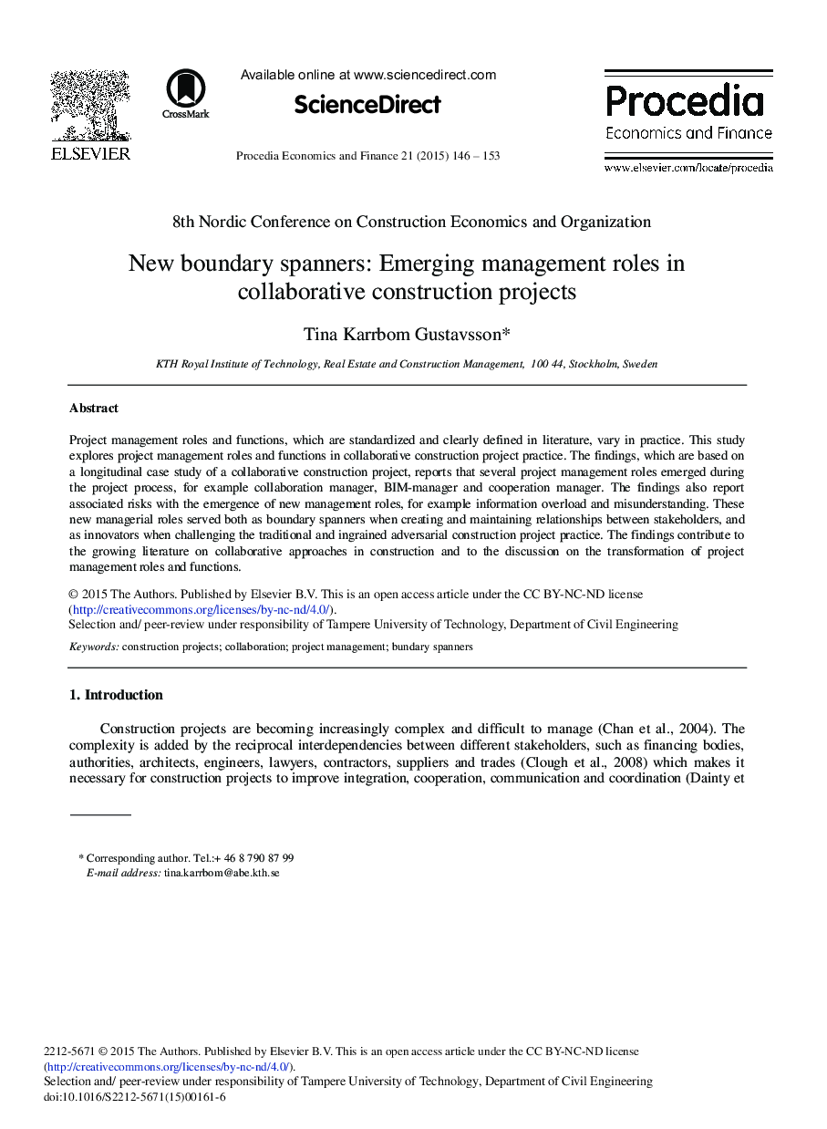 New Boundary Spanners: Emerging Management Roles in Collaborative Construction Projects 