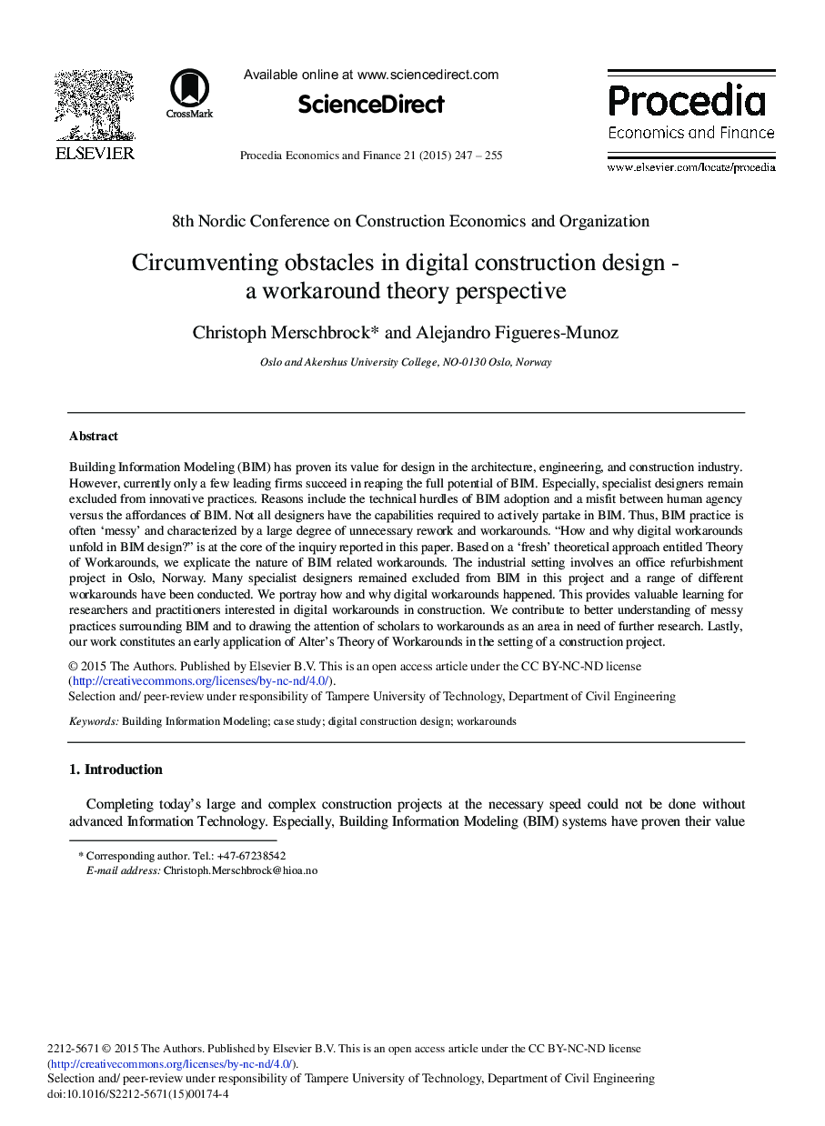 عکس صفحه اول مقاله: Circumventing Obstacles in Digital Construction Design – A Workaround Theory Perspective Circumventing Obstacles in Digital Construction Design – A Workaround Theory Perspective