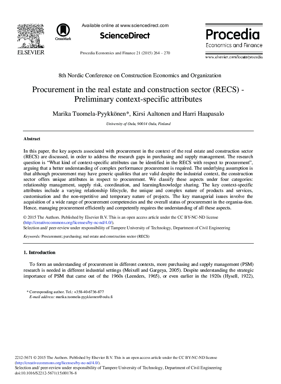 Procurement in the Real Estate and Construction Sector (RECS) – Preliminary Context-specific Attributes 