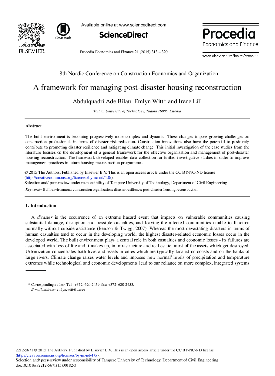 A Framework for Managing Post-disaster Housing Reconstruction 