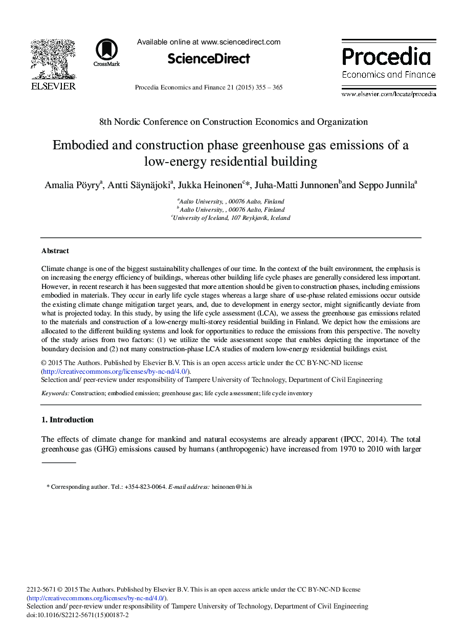 Embodied and Construction Phase Greenhouse Gas Emissions of a Low-energy Residential building 