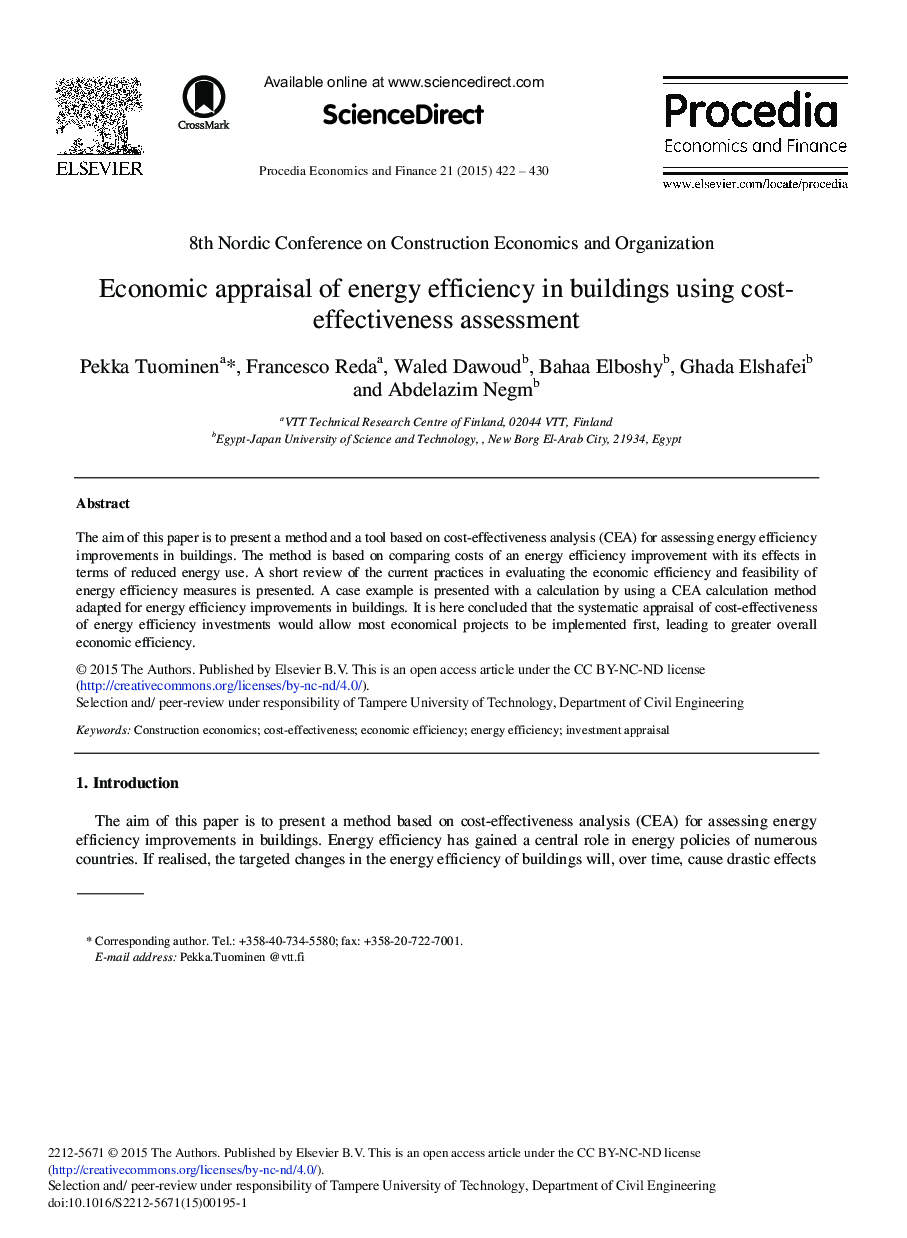 Economic Appraisal of Energy Efficiency in Buildings Using Cost-effectiveness Assessment 