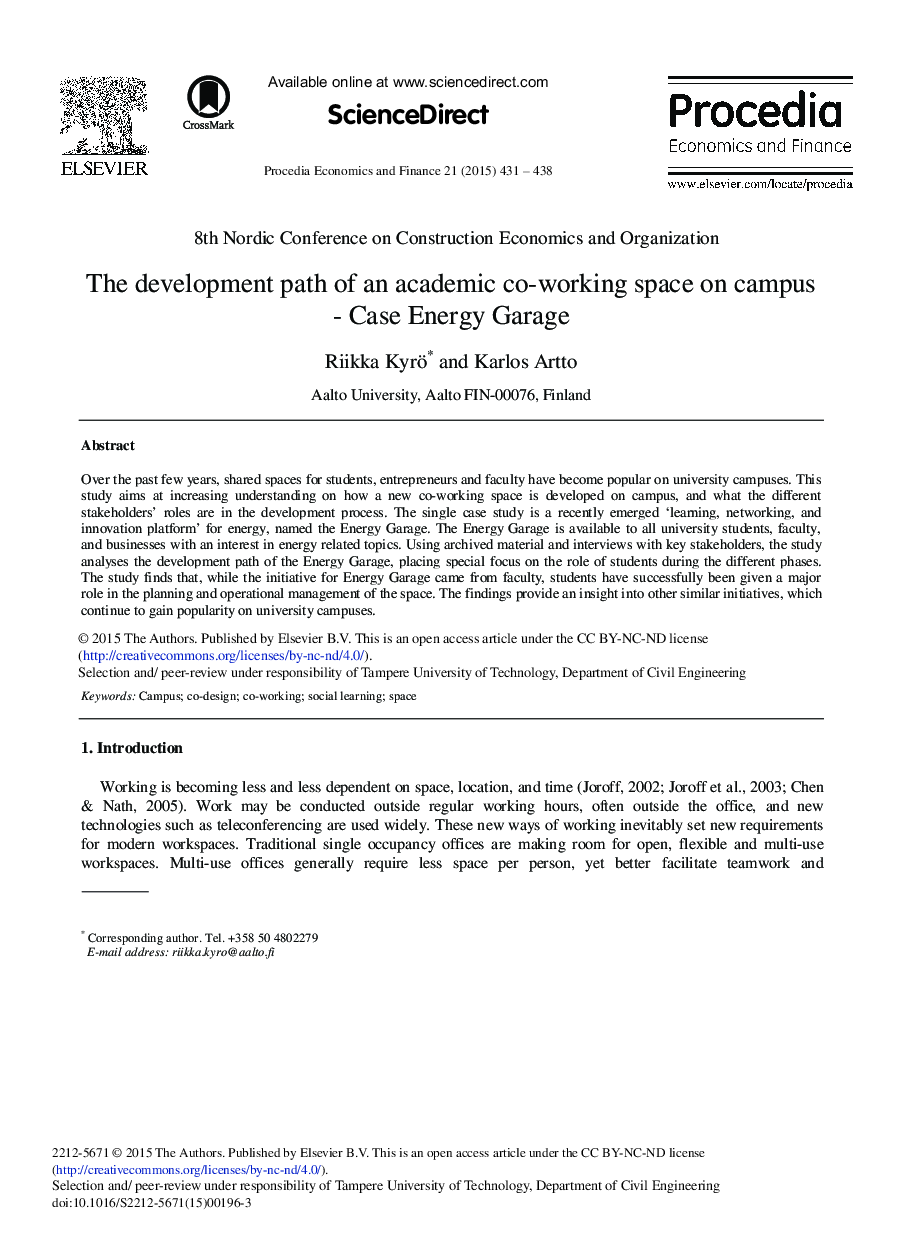 The Development Path of an Academic Co-working Space on Campus - Case Energy Garage 
