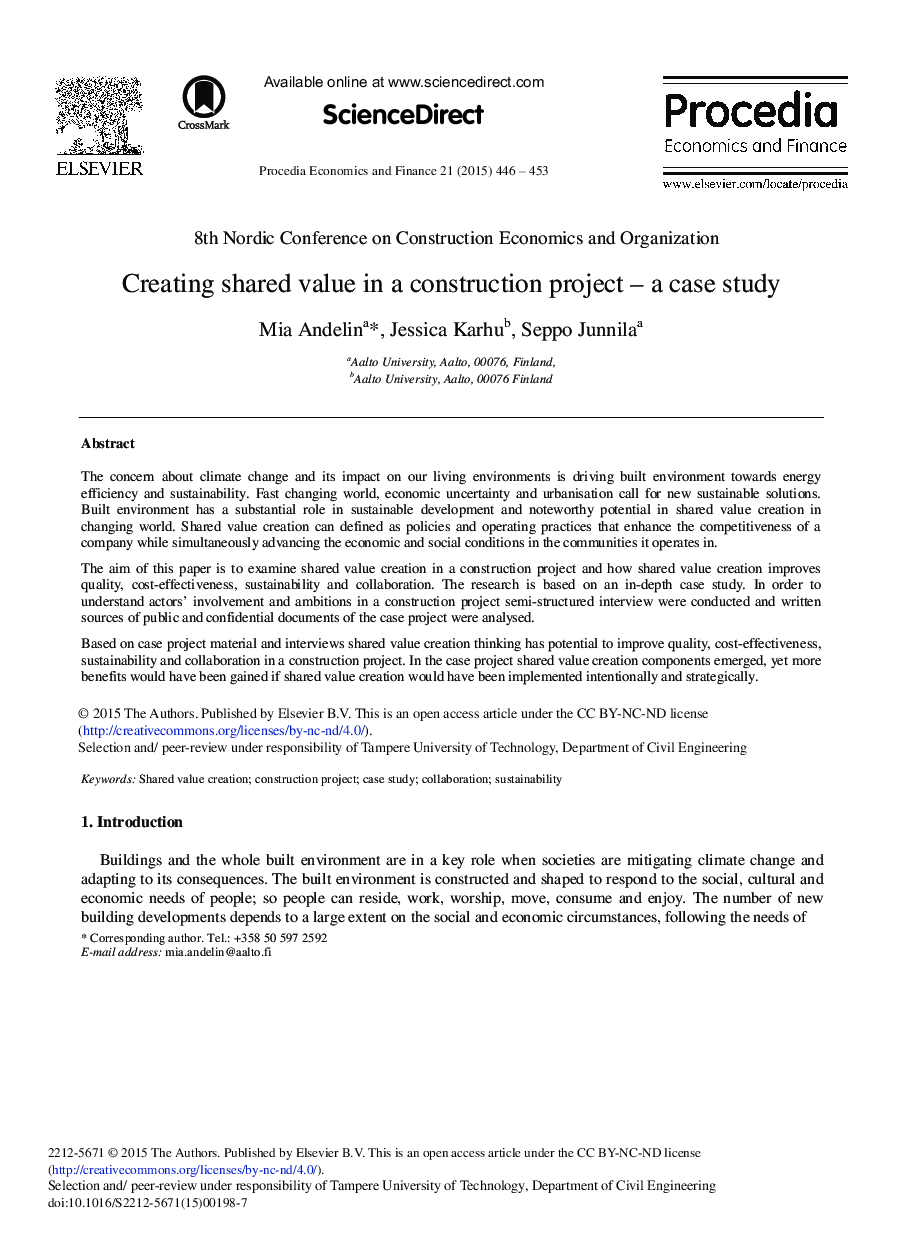 Creating Shared Value in a Construction Project – A Case Study 