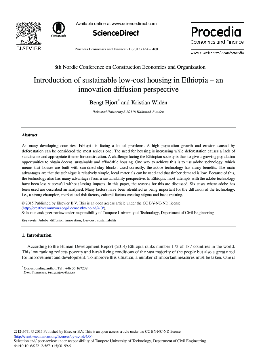 Introduction of Sustainable Low-cost Housing in Ethiopia – an Innovation Diffusion Perspective 