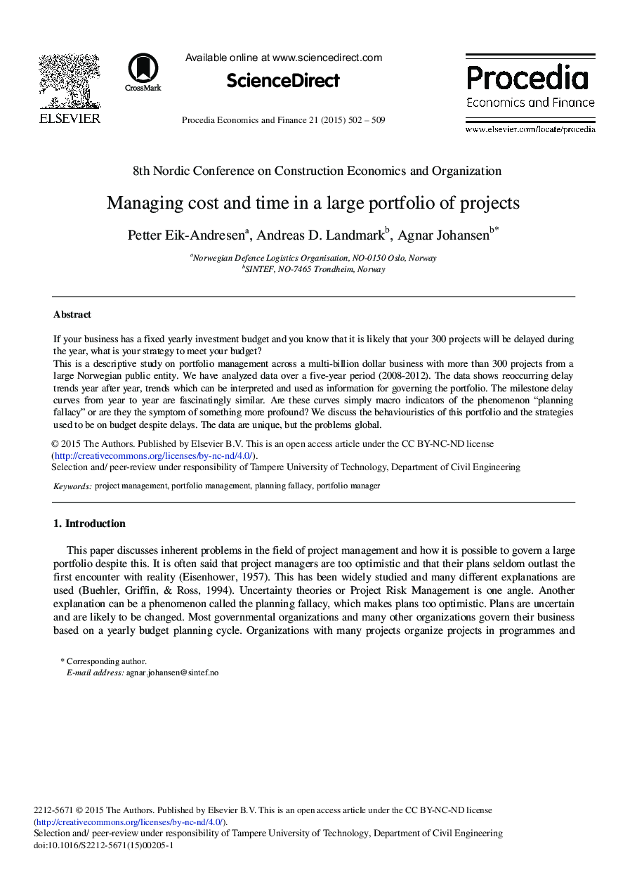 Managing Cost and Time in a Large Portfolio of Projects 