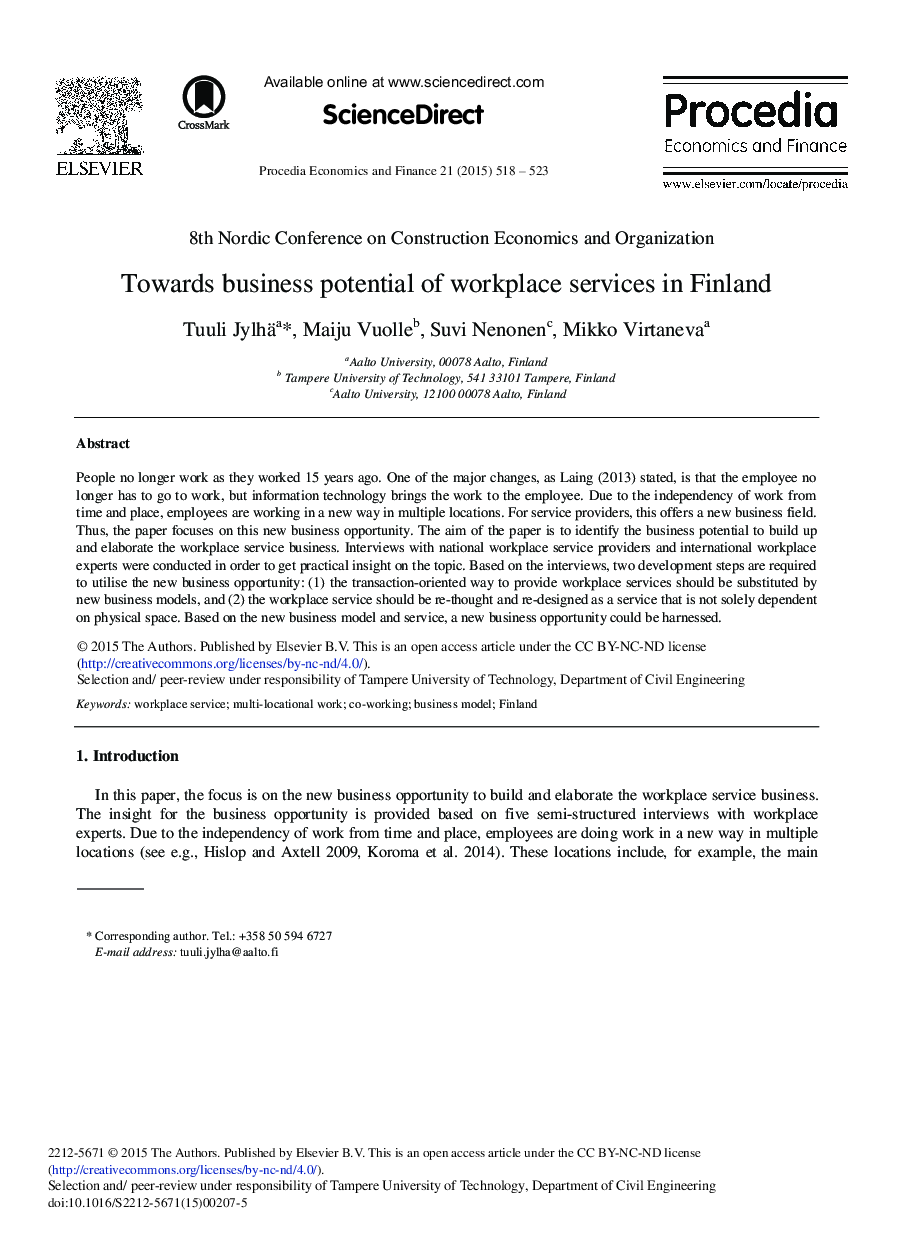 Towards Business Potential of Workplace Services in Finland 