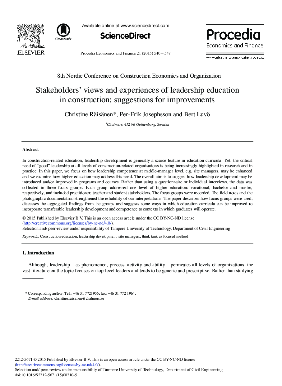Stakeholders’ Views and Experiences of Leadership Education in Construction: Suggestions for Improvements 