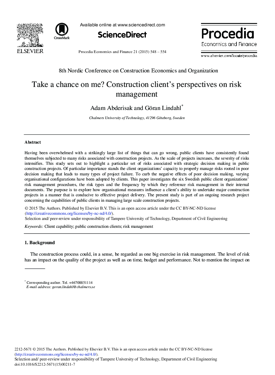 عکس صفحه اول مقاله: Take a Chance on Me? Construction Client's Perspectives on Risk Management Take a Chance on Me? Construction Client's Perspectives on Risk Management