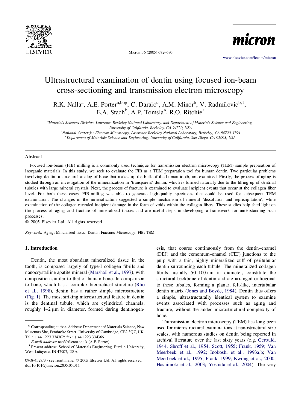 Ultrastructural examination of dentin using focused ion-beam cross-sectioning and transmission electron microscopy