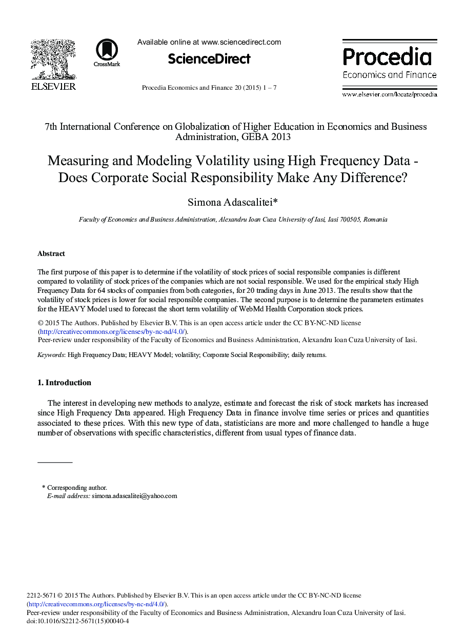 Measuring and Modeling Volatility Using High Frequency Data – Does Corporate Social Responsibility Make Any Difference? 