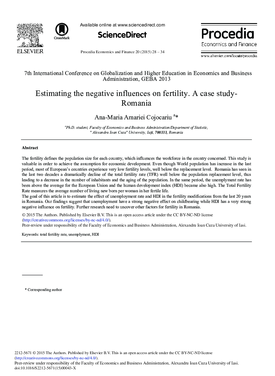 Estimating the Negative Influences on Fertility. A Case Study-Romania 