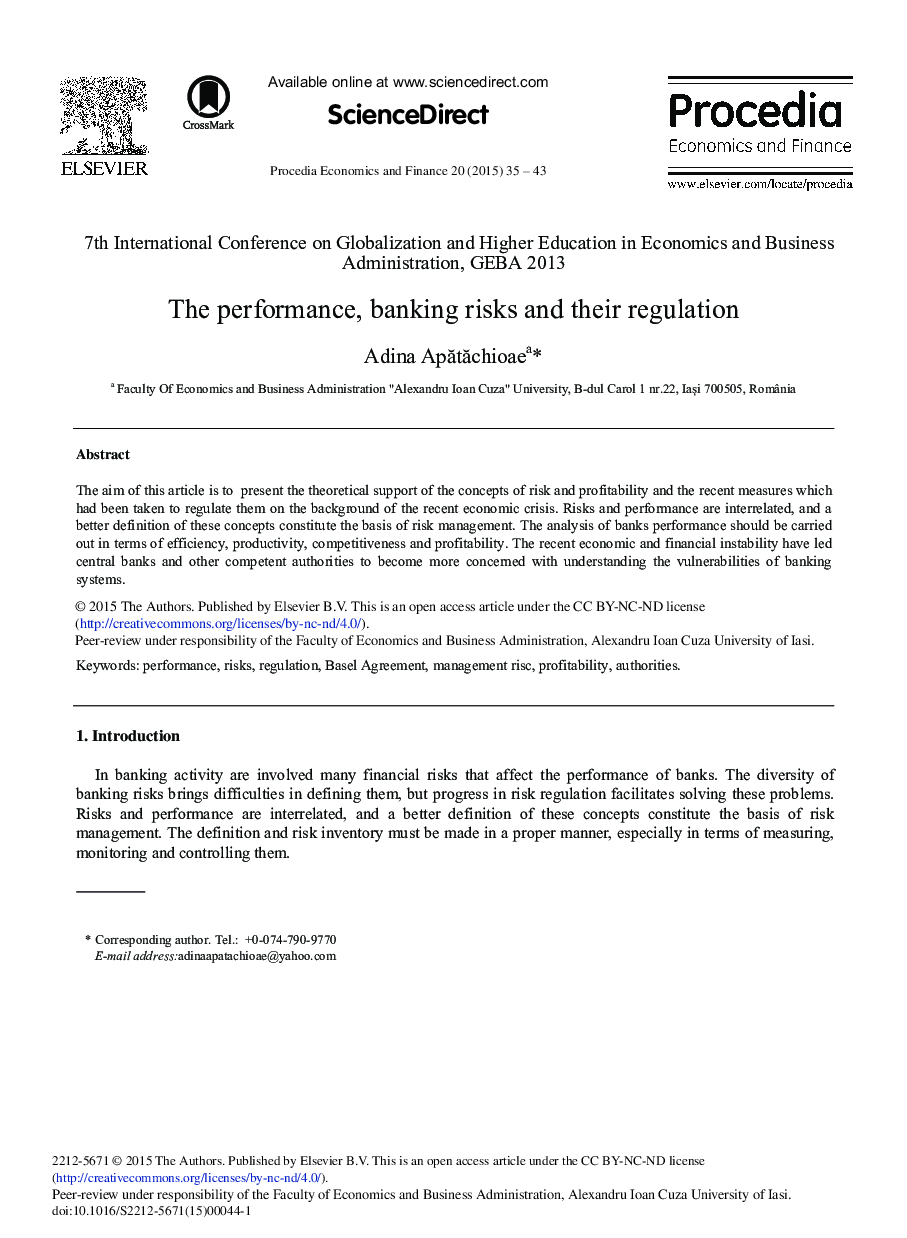 The Performance, Banking Risks and their Regulation 