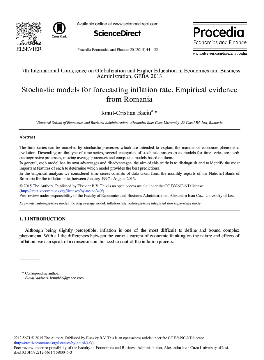 Stochastic Models for Forecasting Inflation Rate. Empirical Evidence from Romania 