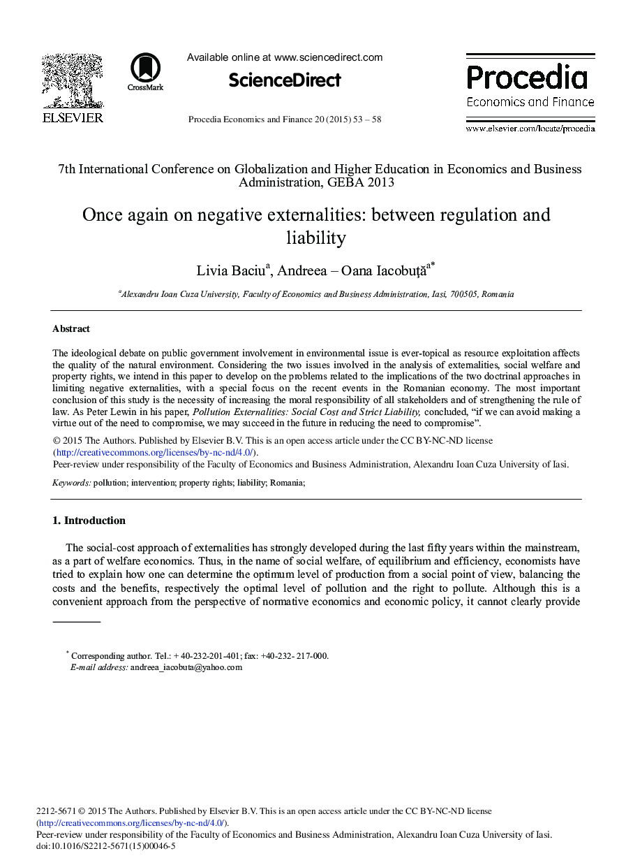 Once Again on Negative Externalities: Between Regulation and Liability 